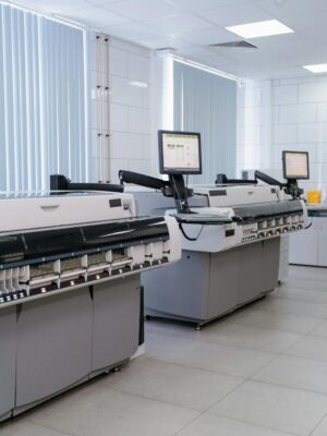 Spacious modern laboratory featuring advanced printing equipment and workstations.